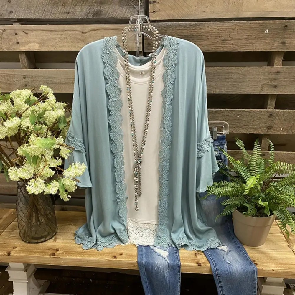 

Women Casual Solid Color 3/4 Sleeve Open Front Cardigan Lace Trim Coat Outerwear