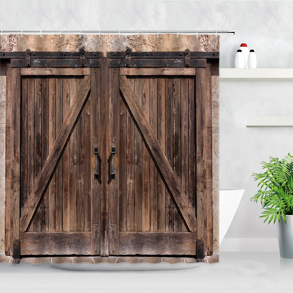 vintage old barn wooden door shower curtains retro wood grain pattern modern fashion home decor waterproof bathroom curtain set free global shipping