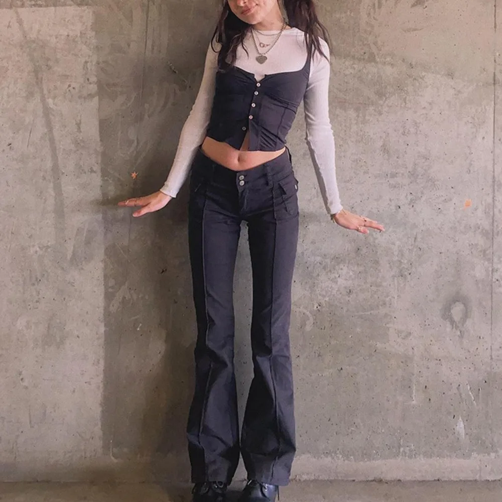 

Женские летние пикантные спортивные брюки с высокой талией, облегающие брюки с низким воротом, винтажные однотонные брюки с карманами, Y2K, о...