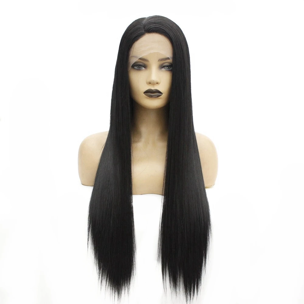 Натуральные синтетические парики на кружеве черные длинные прямые волосы