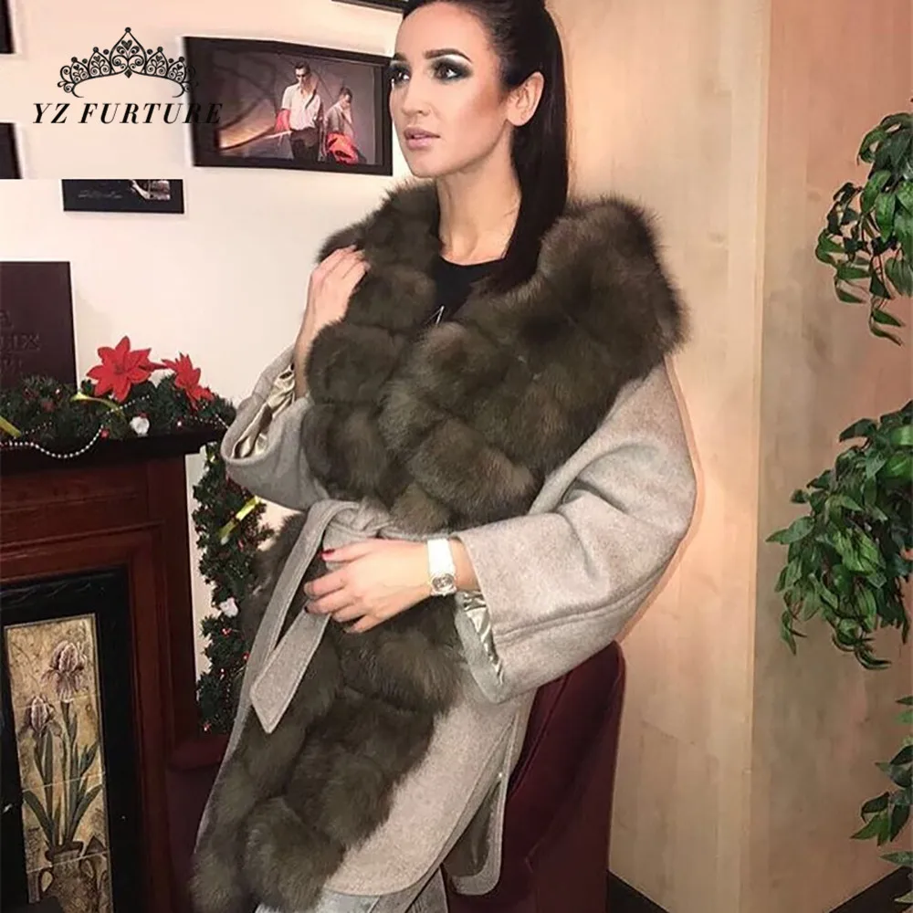 Новое шерстяное меховое пальто для женщин с длинным воротником из лисьего меха, теплая зимняя куртка из натуральной кожи с натуральным мехом, роскошная NZ-008