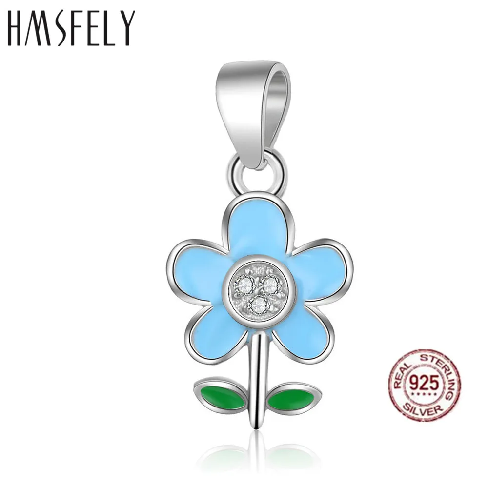 

HMSFELY 925 Sterling Silver Light Blue Flower Necklace Pendant DIY Charm Bracelets Accessories Dangles For Female Jewelry Making