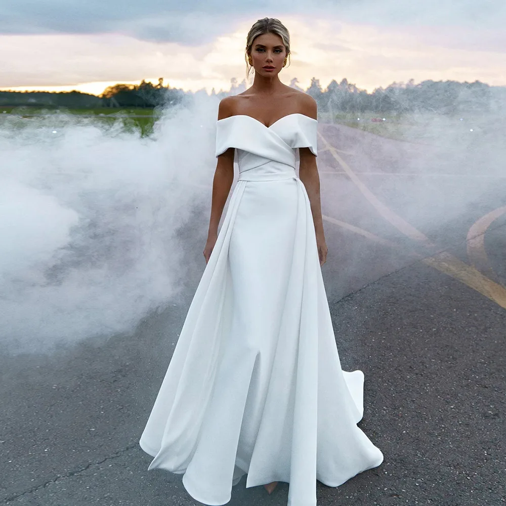 

Arabic White Mermaid Wedding Dresses With Removable Train 2021 Off Shoulder Simple Satin Bridal Gowns