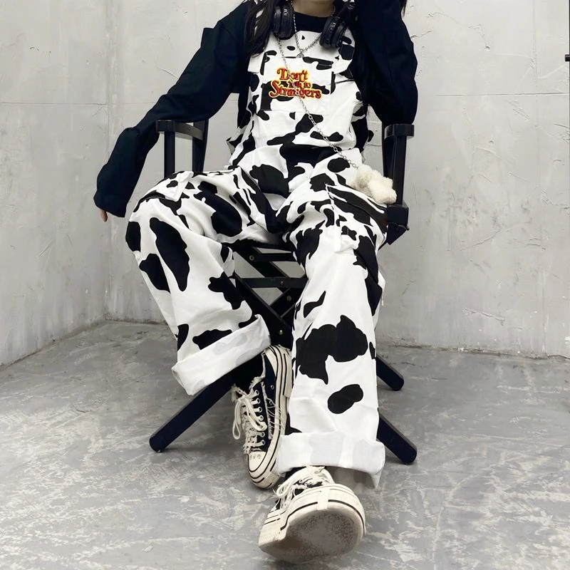 Female Black White Plaid Overalls Casual Jumpsuit Trousers Baggy Pants Street Hip-hop Harajuku Girl Cow Print Onesies for Women