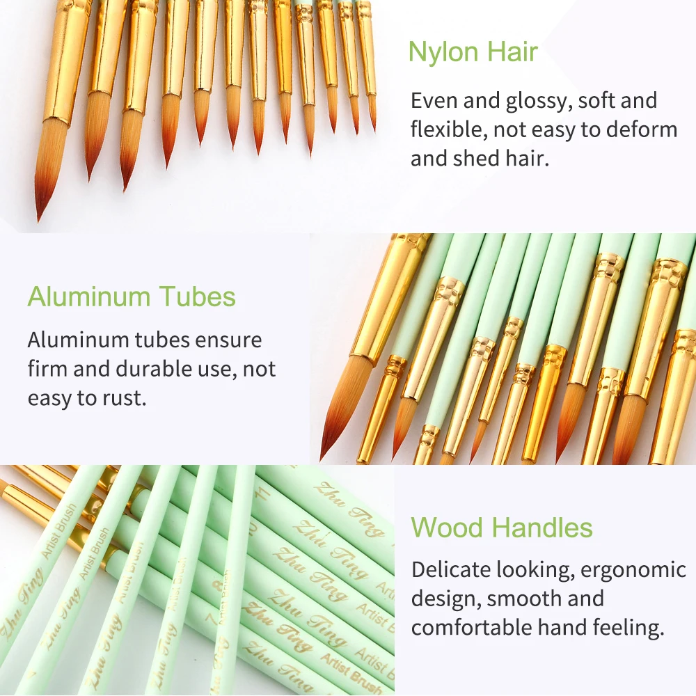 

12pcs Professional Artist Paintbrush Set Round Pointed Tip Paint Brushes Durable Nylon Hair Wooden Handle Painting Brushes