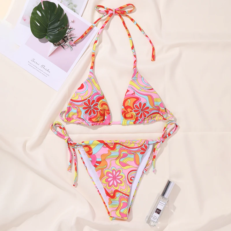

Mossha Brazilian floral print swimwear Halter push up bikini 2021 String high cut swimsuit women's swimming suit Bathing suit