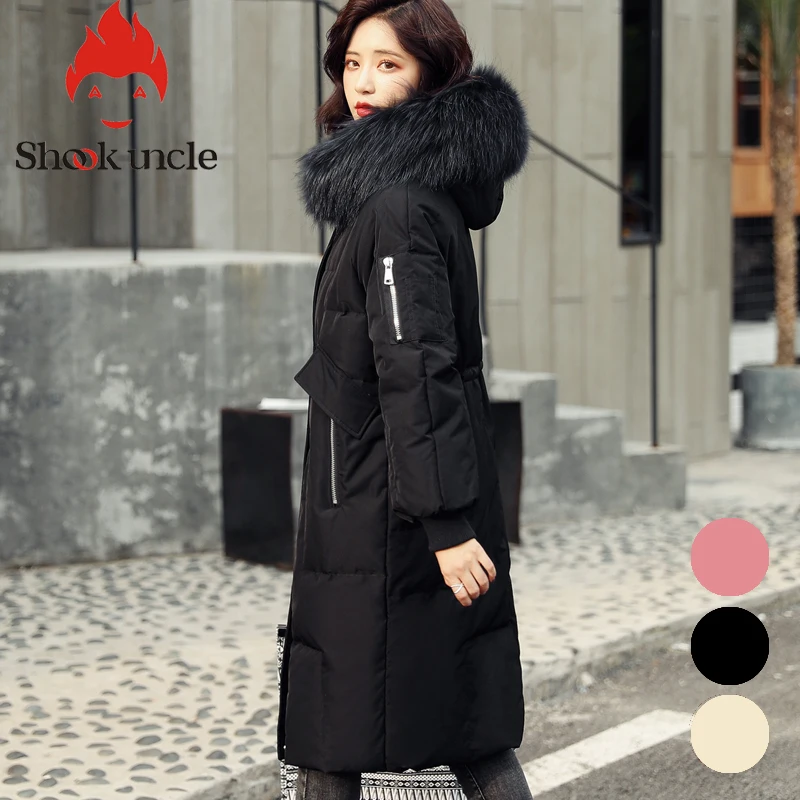 Верхняя одежда с воротником из натурального меха енота пальто женская длинная