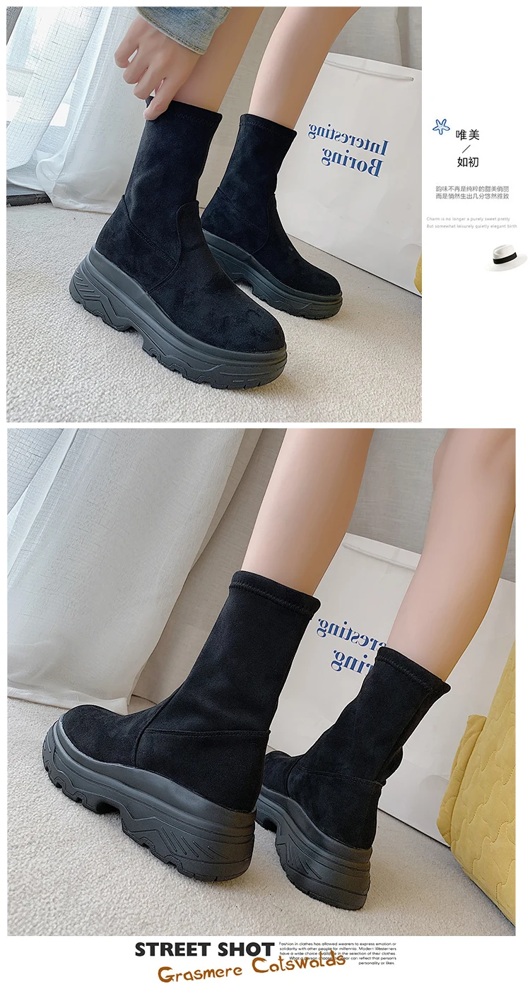 LMCAVASUN Platform Ankle Boots Shoes Woman Suede Equestrian Winter Thick Sole Lace-up Women Shoes Waterproof Martin Boot
