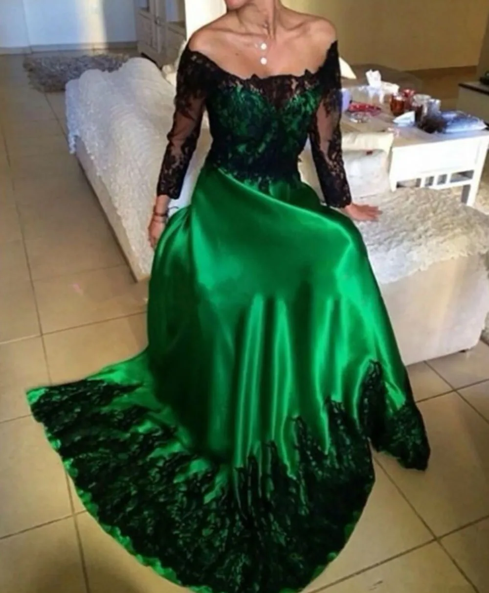 

Prom Dresses with Black Lace Appliques Long Sleeve Vestidos Largos para Bodas New Abendkleider Emerald Green Evening Gowns