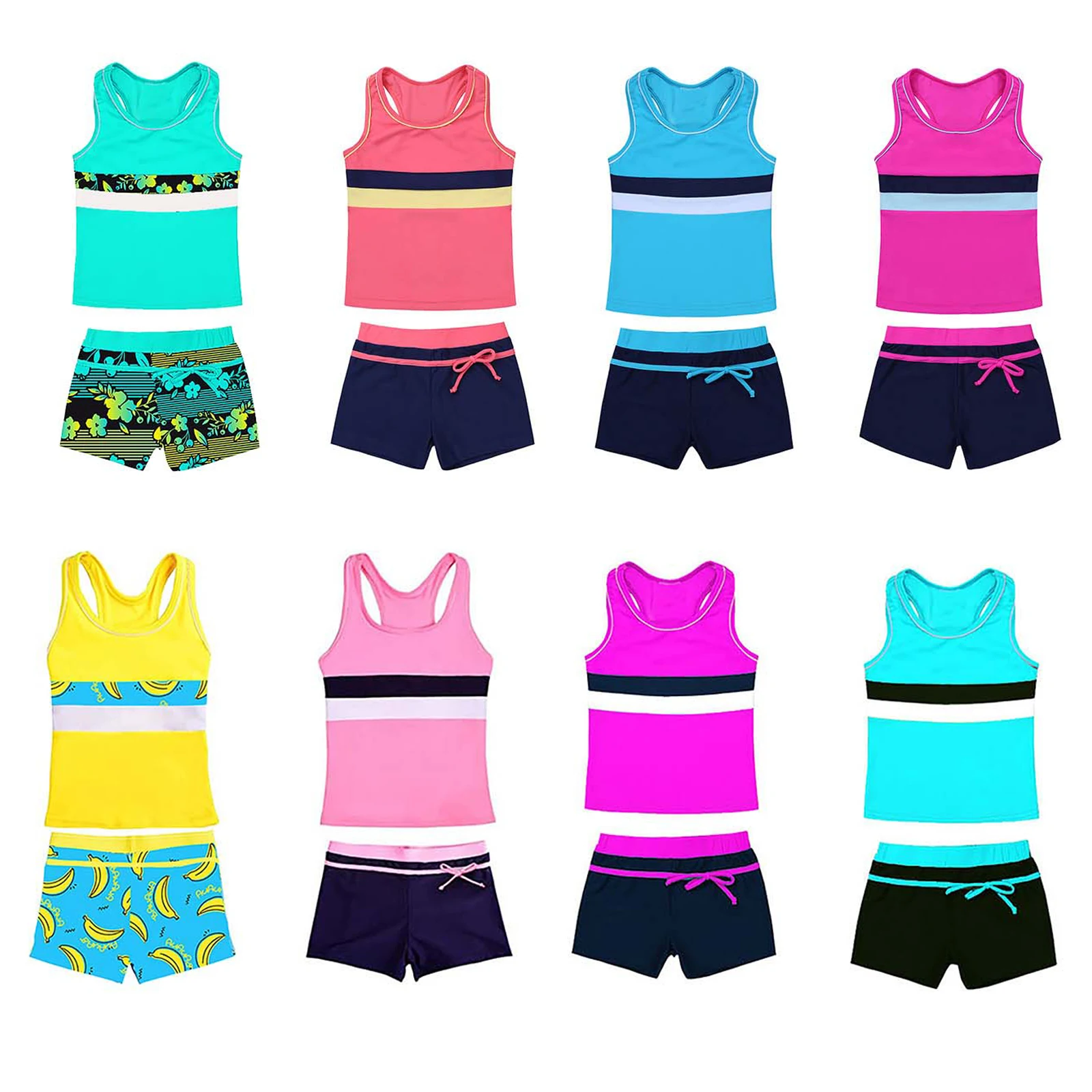 

New Kids Girls Two Piece Swimsuit Swimwear Sleeveless Tank Tops With Bottoms Shorts Tankini Set Bathing Suit Summer Beach Wear