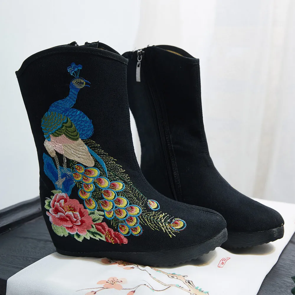 Veowalk Sequins Peacock Embroidered Women Cotton Fabric Short Boots Hidden Wedge Platform Comfortable Autumn Shoes for Ladies | Обувь