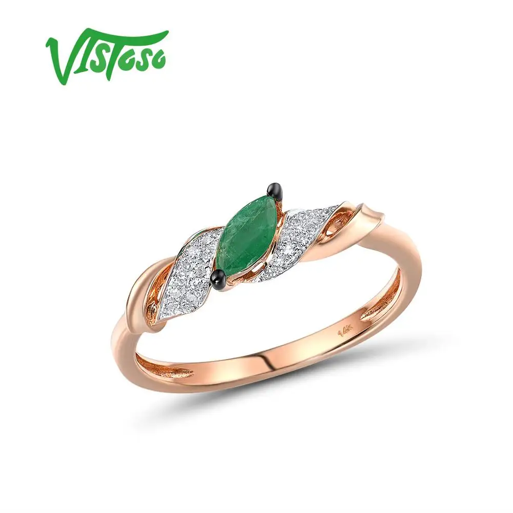 

VISTOSO Gold Rings For Women Genuine 14K 585 Rose Gold Ring Magic Emerald Sparkling Diamond Engagement Anniversary Fine Jewelry