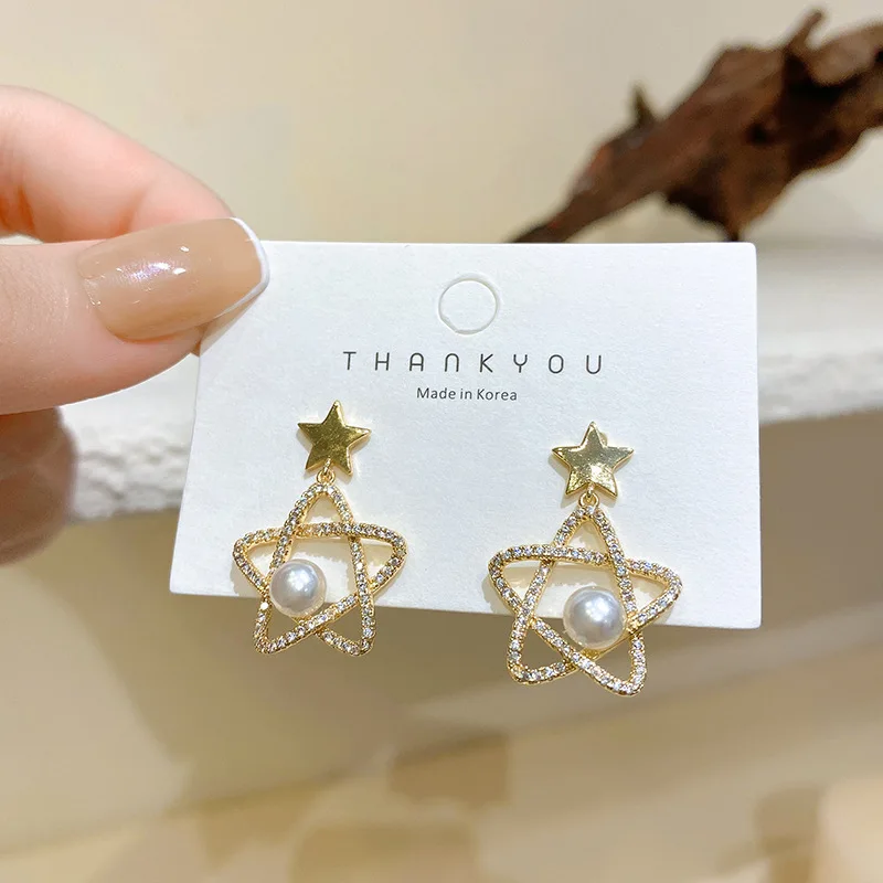 

Retro simple micro-inlaid five-pointed star earrings female fashion pearl earrings high-quality temperament ear jewelry