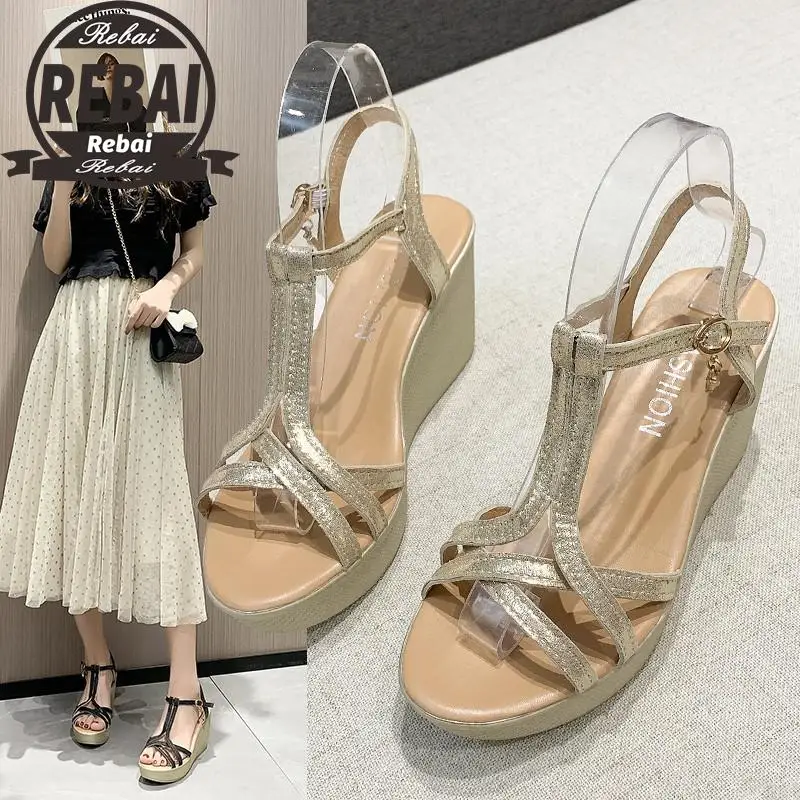 

2021 Summer Women Wedges Heels Sandals Fashion Open Toe Platform Shoes Silver Black Crystal Buckle Shoe Woman Gold Sandals
