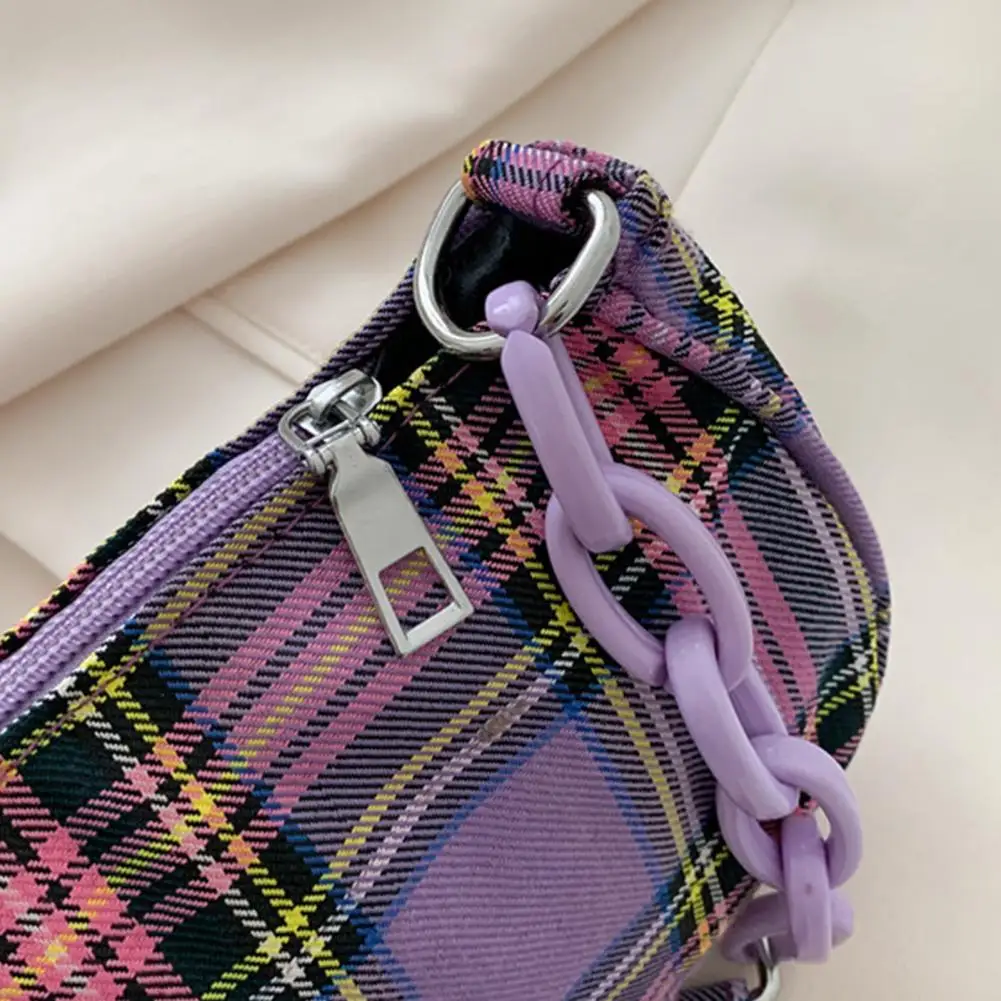 

Female Stylish Plaid Chain Canvas Zipper Closure All-match Underarm Bag Shoulder Bag Large Capacity Vintage Mini Tote for Women