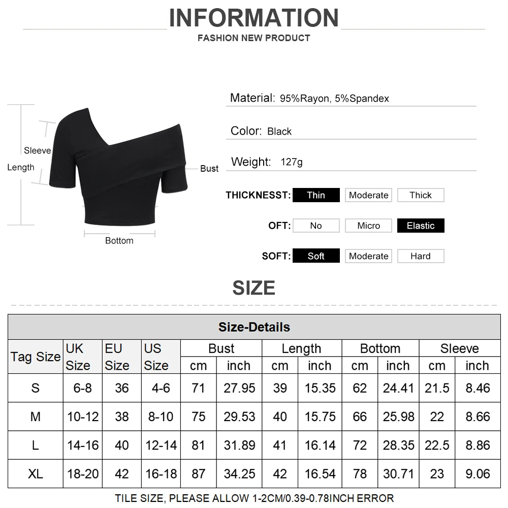 

Ladies One Shoulder Short Sleeve Summer T-shirt Solid Color Sexy Crop Top Women Slim Fit Solid Black Skew Collar T-shirt Top D30