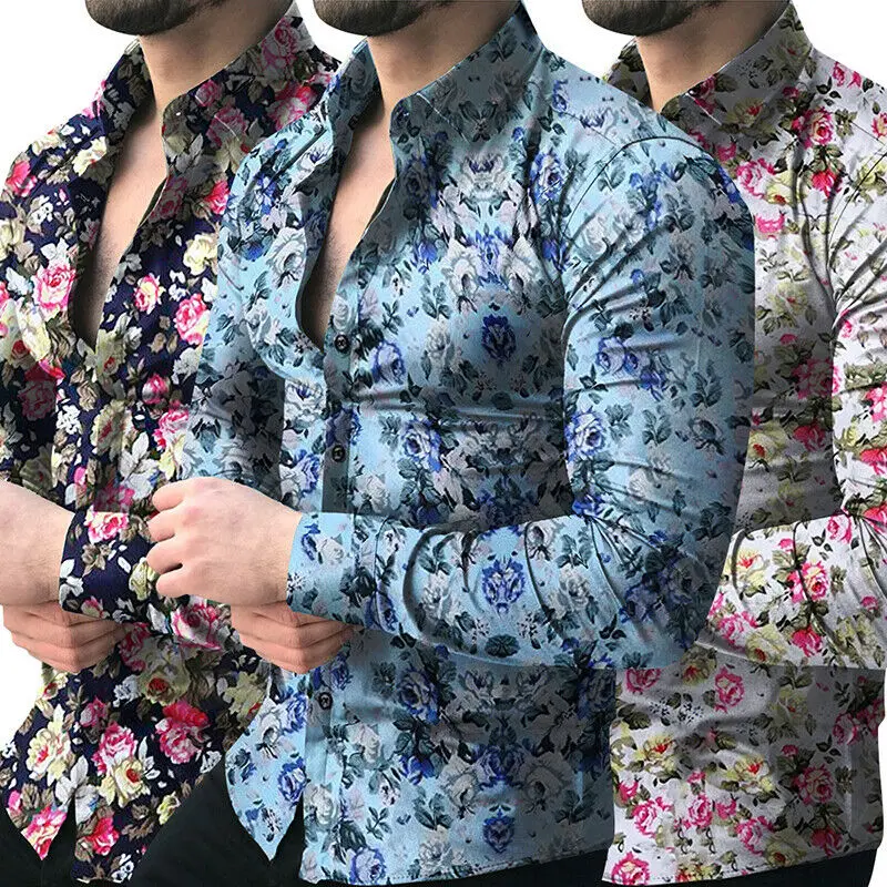 

Slim Print Mens Casual Shirts Stylish Long Sleeve Floral Tops