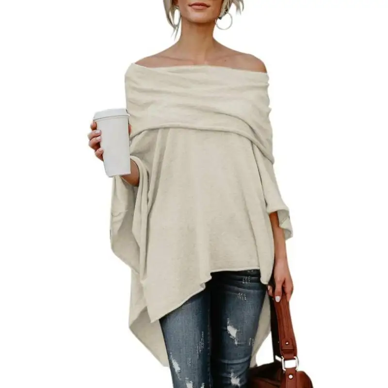 

Women Off Shoulder Long Sleeve Blouse Tops Ladies Plain Irregular Shawl Shirts