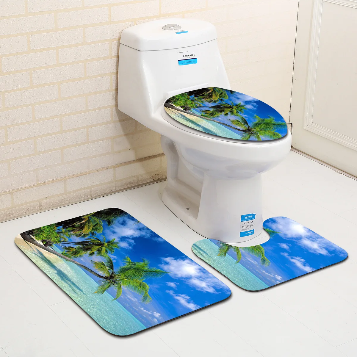 

Zeegle Seascape Printed 3pcs Bath Mat Set Anti-slip Bathroom Mats Toilet Floor Rugs Flannel Pedestal Rug Toilet Lid Cover Pads