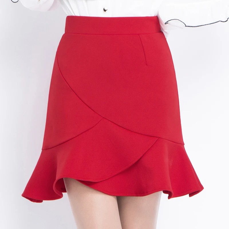 

Women's Knitted Skirt Red Korean Style Short Hip Skirt Urban Commuter OL Style High Waist Ruffled Chic Fishtail Skirt