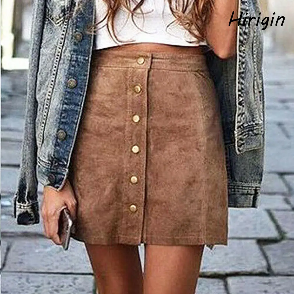 

2020 sumemr women A line Skirts High Waist Button Suede Leather Skirts Pocket Preppy Short Mini Skirts solid fashion short dress