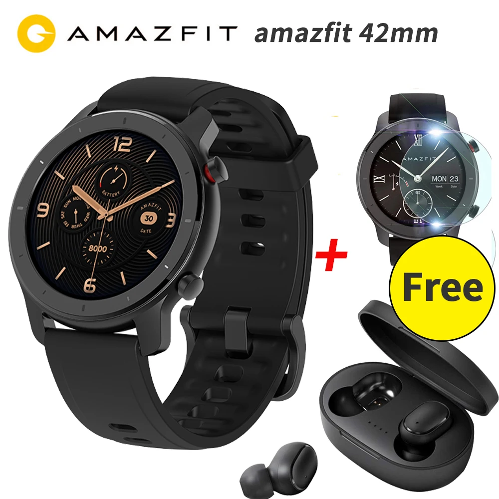 black 42mm 【5atm】 глобальная версия Amazfit GTR 42 мм умные часы gps часы 12 дней Срок службы батареи управление музыкой 1," AMOLED для Xiaomi Android IOS - Цвет: black 42mm