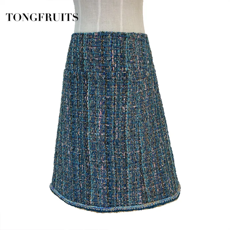 2019 Осень Зима Высокая талия юбка синий тканый трехмерный женский мини на молнии
