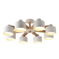 two function nordic led chandelier with white iron lampshade for foyer modern wooden ceiling mounted lustres wood dining lights