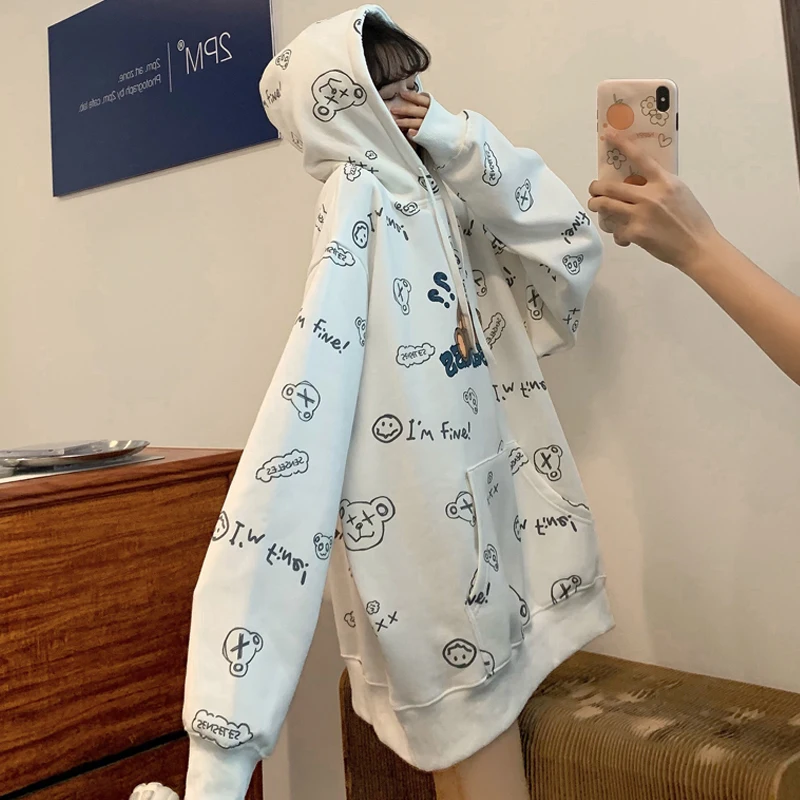 

Autumn Cute Bear Print Women Hoodies Harajuku Sweatshirts Japan Kawaii Hoodie Pocket Casual Pullovers Tops Oversized Hoodies
