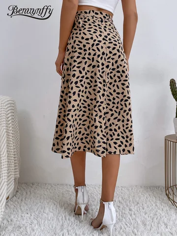Benuynffy Boho Women Casual Print Tie Side Wrap Skirt Elegant High Waist Female Summer Asymmetrical Knee Length A-Line Skirts