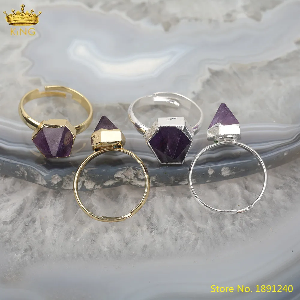 

5pcs Natural Amethysts Quartz Hexagonal Beads Adjustable Rings Jewelry,Gold Silvery Crystal Open Rings Jewelry Gift For Her