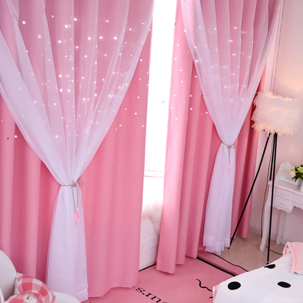 

Blackout Curtains Star Shape Kids' Curtain Hollow Double Layer Cloth Yarn Combination Thermal Insulating Room Darkening Curtains