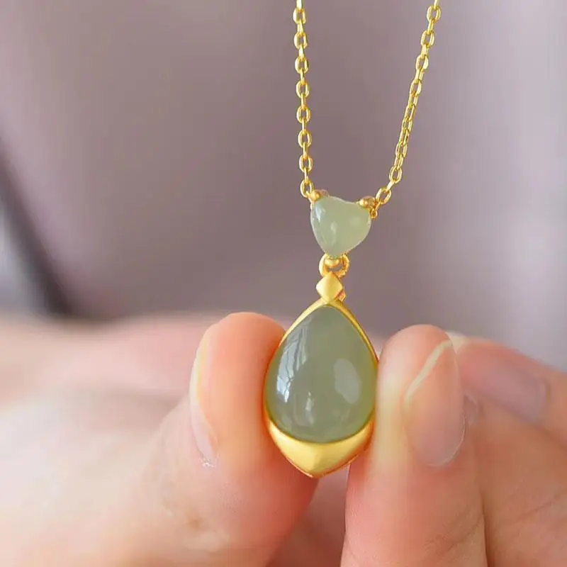 

Natural Hetian Jade Green Jade Pendant S925 Sterling Silver Mosaic Jade Necklace Sweater Chain Vintage Silver Jewelry Clavicle C