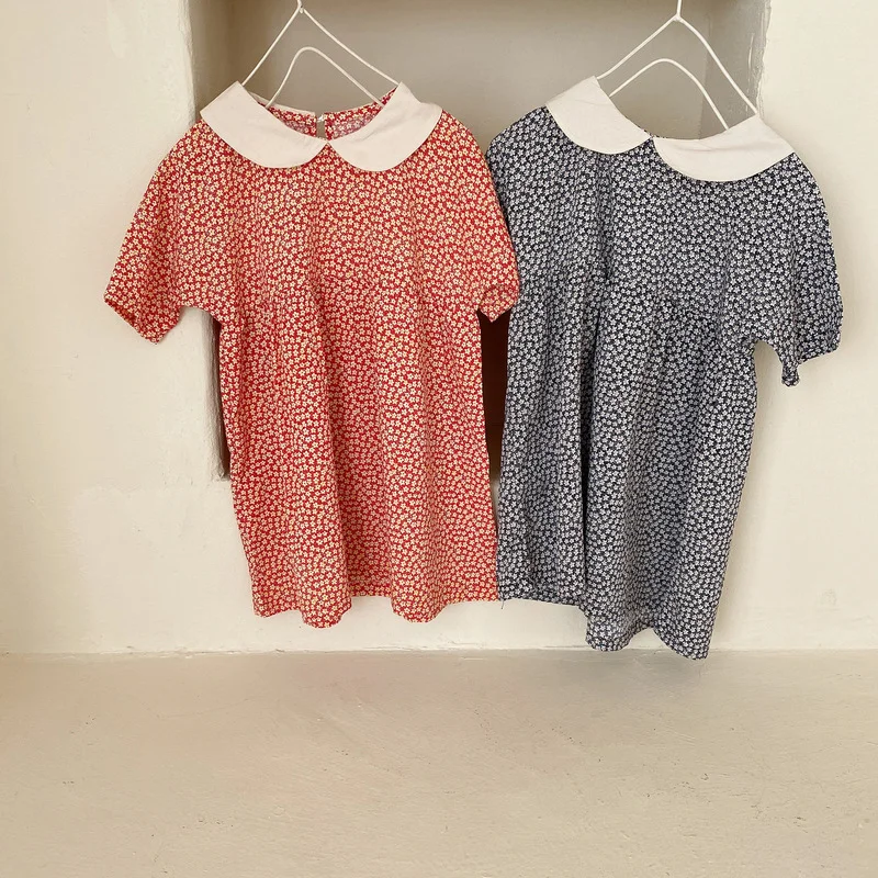 

Summer 2021 New Girls floarl short sleeve princess dresses baby girls peter pan collar loose thin dress