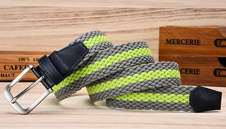 Fashion Casual Stretch Woven Belt With Leather Tip Top Elastic Belts For Men Jeans Mixed Color Braided Strap Zinc Alloy Buckle