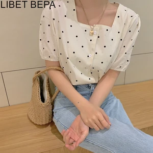 Блузка женская с квадратным вырезом, Повседневная модная однобортная рубашка в горошек, с пышными рукавами, блузка, лето 2021