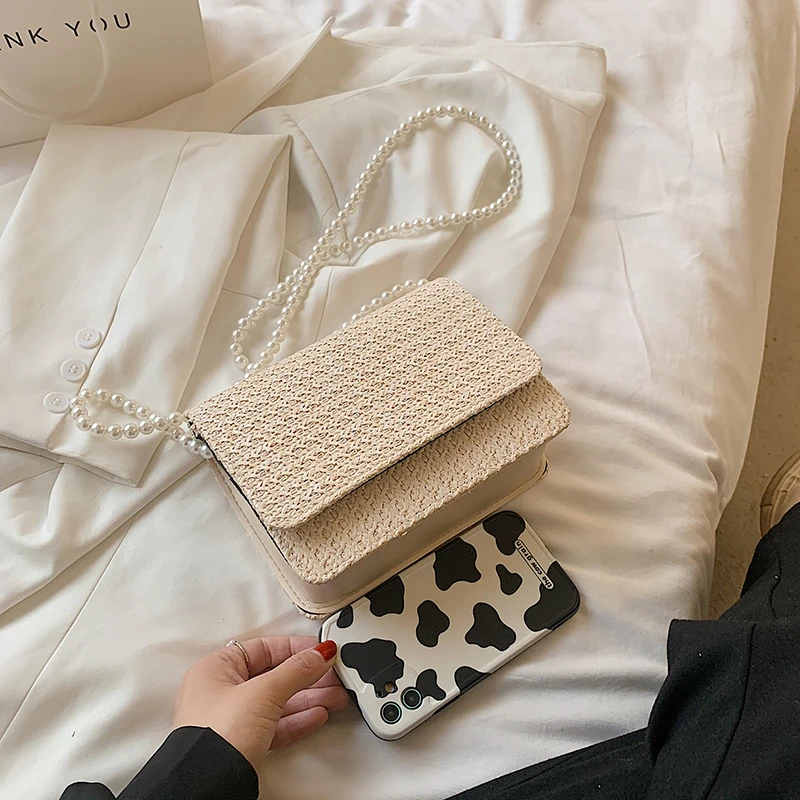 

Bolsos De Playa 2021 Leather Patchwork Straw Weave Beach Crossbody Bags for Women Pearl Shoulder Bag Purses Handbags Sac A Main