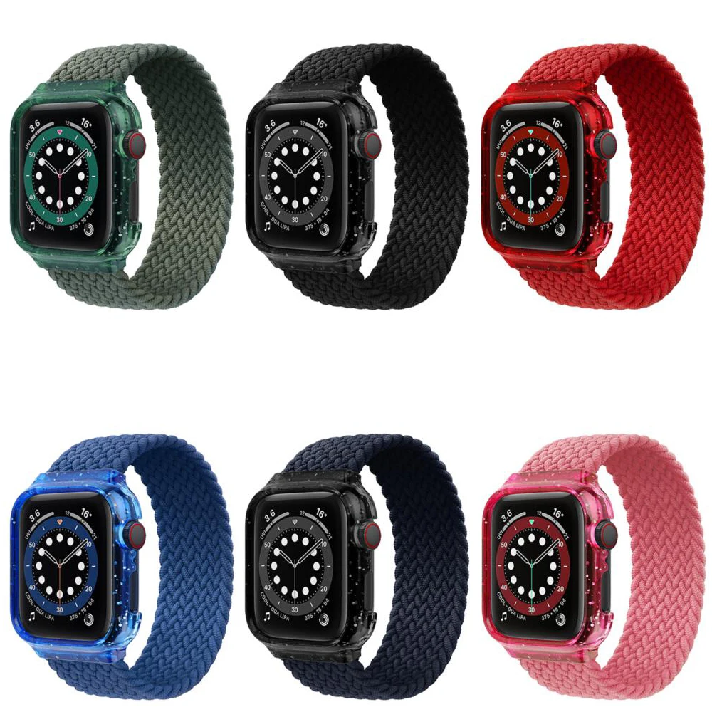 

Braided Solo Loop band For Apple watch strap 44mm 40mm Bling Case+Elastic belt Fabric Nylon bracelet iWatch serie 4 5 se 6 strap