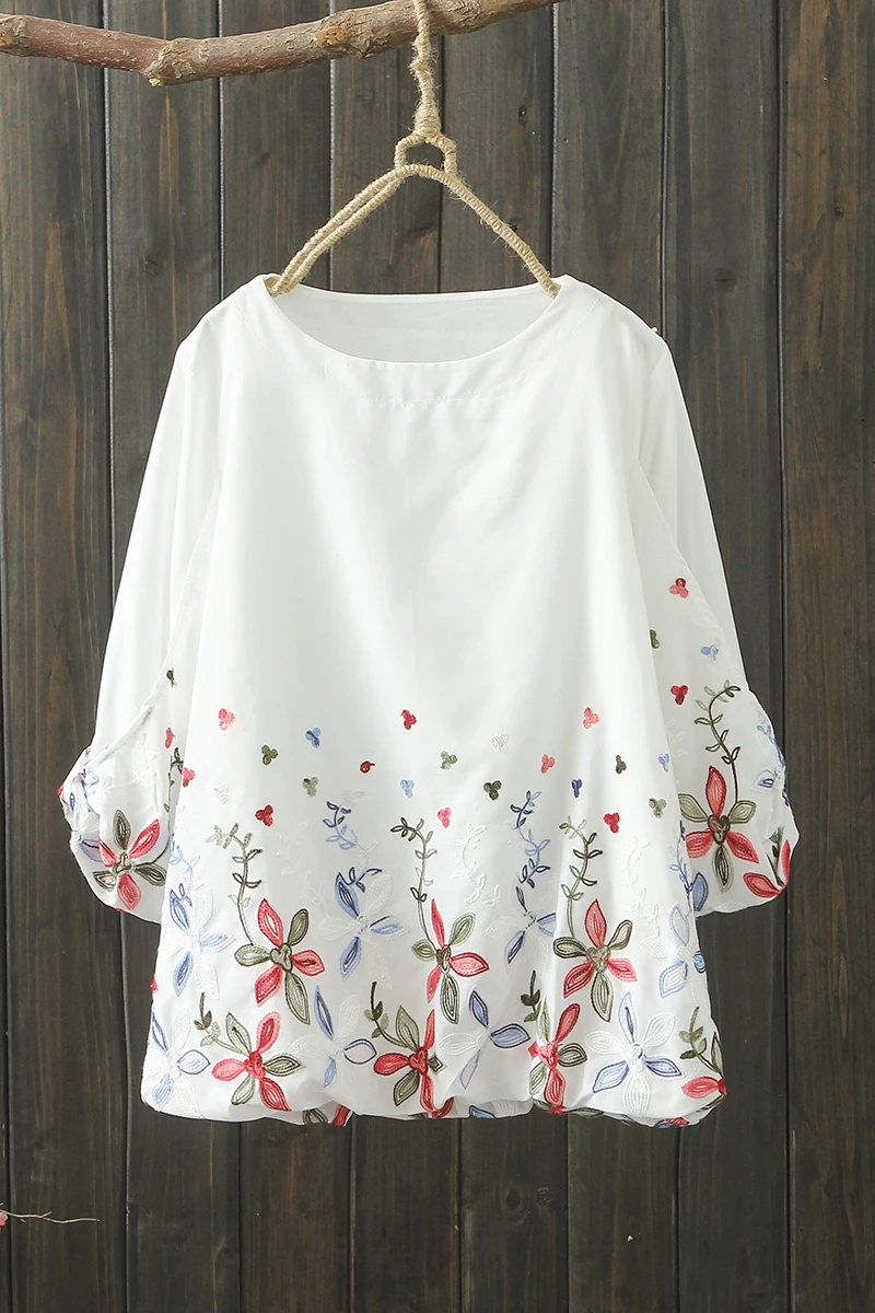 

2021 Spring New Loose Embroidery White Shirt Cotton Slim A-line O Neck Nine Quarter Womens Tops