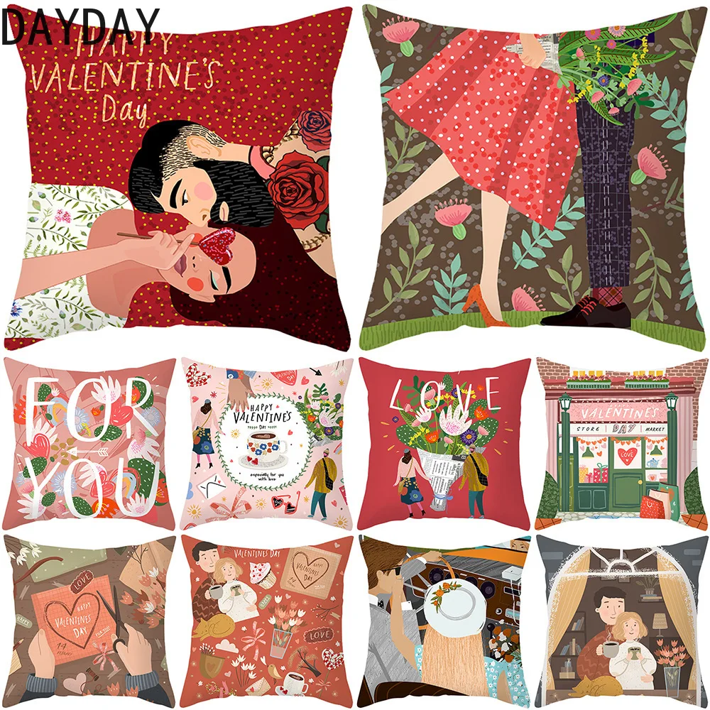 

DAYDAY Valentine's Day Pillowcase Home Sofa Cushion Cover Peach Skin Velvet Printed Living Room Bedroom Cushion 45*45cm