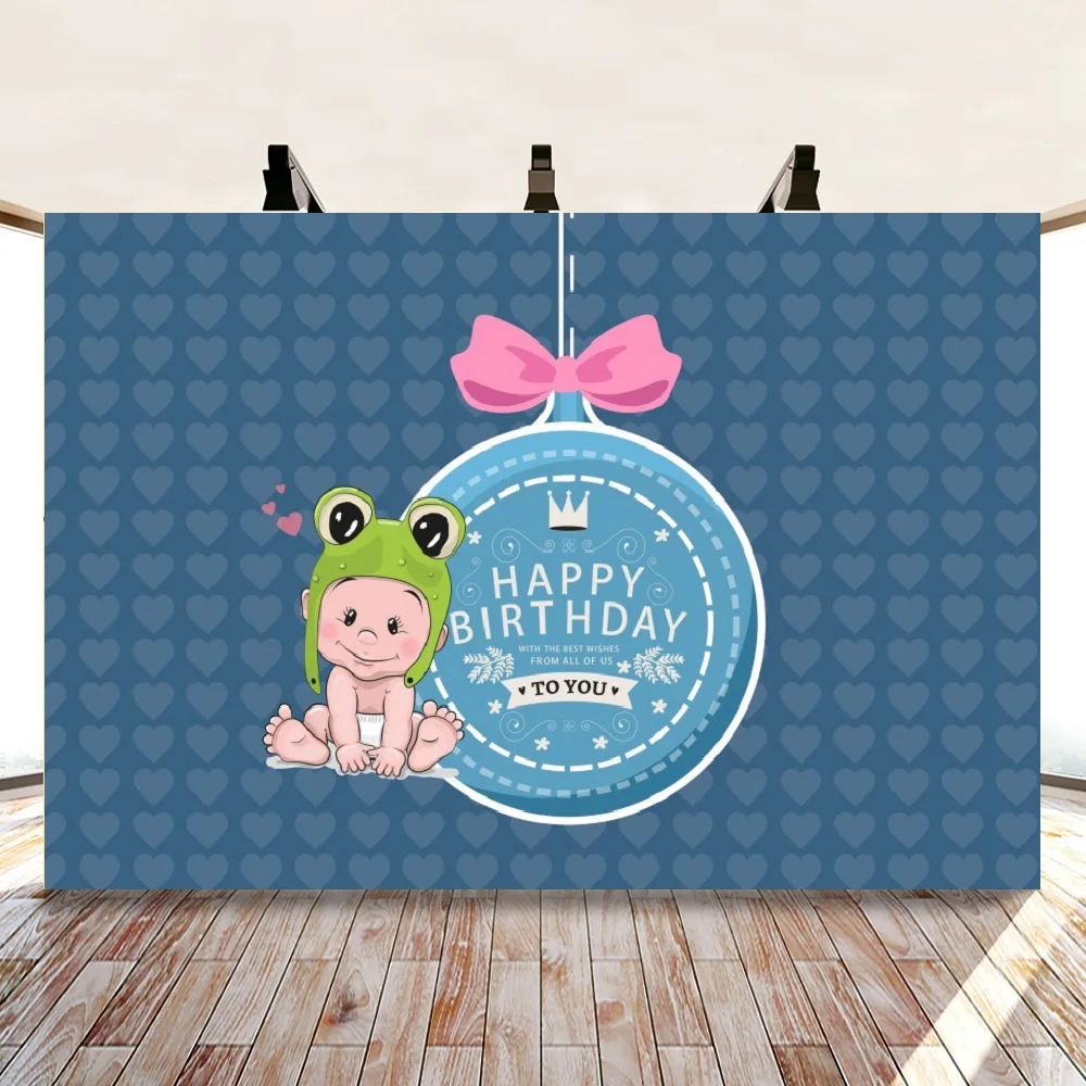 

Cartoon Blue Cake and Frog Hat Portrait Photography Backdrop Kids Birthday Party Decor Photo Background Studio Photocall Props