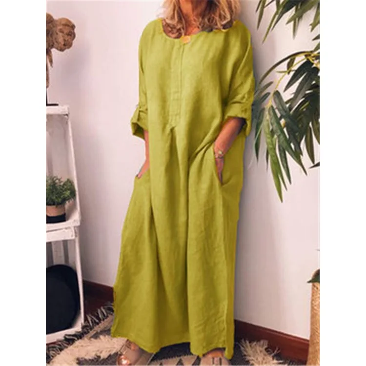 

Hot Selling Women Solid Long Sleeve Dress Cotton Linen Plain Loose Dress Women Dress Ankle-Length Dress Casual Pockets Dress
