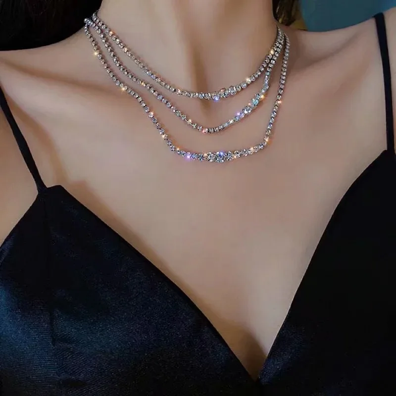 Korean Fashion Shining Full Rhinestone Choker Necklaces For Women Geometric Simple Luxury Crystal Necklaces Statement Jewelry