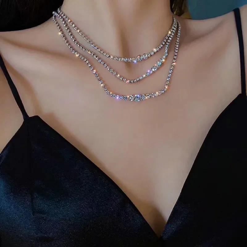 

Korean Fashion Shining Full Rhinestone Choker Necklaces For Women Geometric Simple Luxury Crystal Necklaces Statement Jewelry