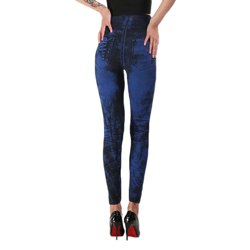 

Hot Women Trousers New Fake Denim Pants High Waist Print Trousers Elastic Skinny Pants Ankle Length Stretchy Pencil Pants New