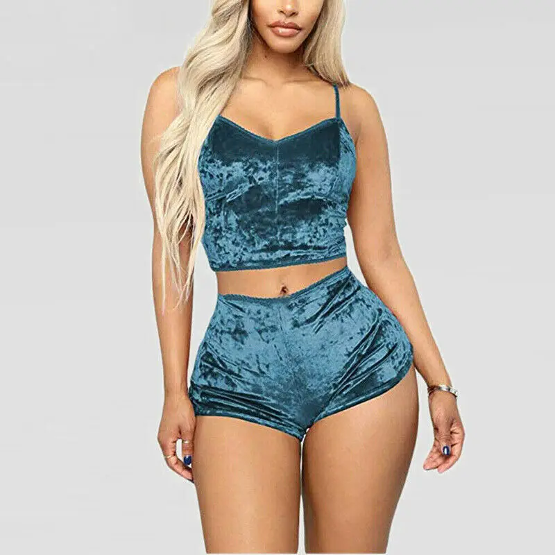 

New Women 2 piece set Velvet Sleepwear Sexy Spaghetti Strap Shorts Pajamas Suit Ladies Casual Sleepwear Female Pajama Party Set