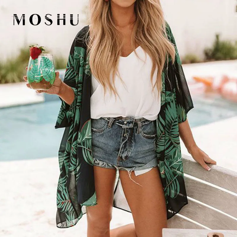 Женское кимоно кардиган на весну и лето Пляжная блузка с цветочным принтом