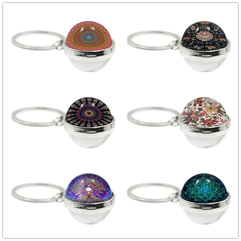 

New Flower of Life Glass Cabochon Ball Keychain Om Yoga Chakra Mandala Fashion Key Ring Sacred Geometry Jewelry For Gift