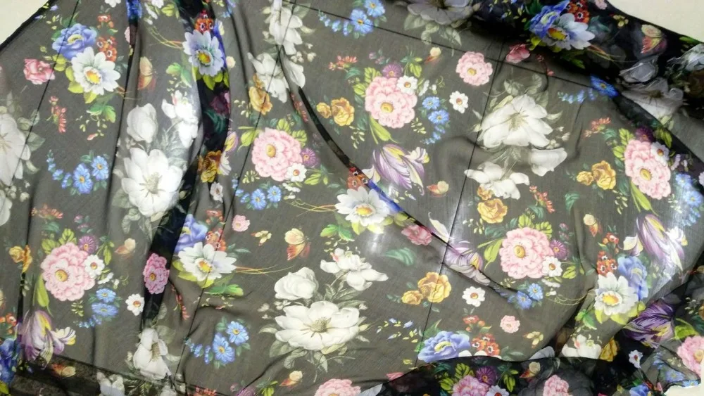 Telas Pure Натуральный шелк шифон тутового дерева ткань с цифровым принтом черные