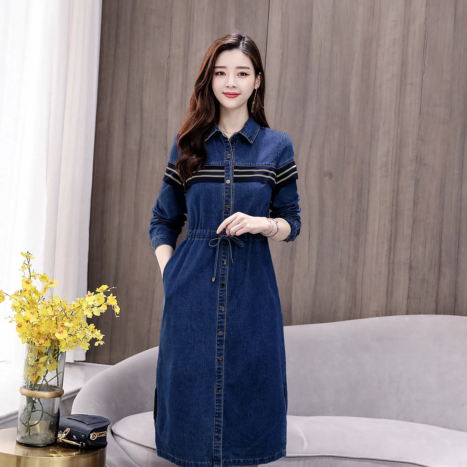 Новое модное женское осеннее платье женские платья повседневное джинсовое 2XL